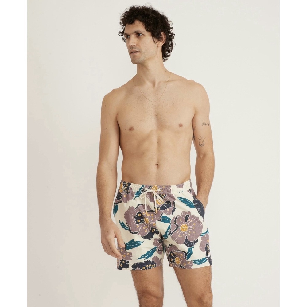 MARINE LAYER Purple Hibiscus Swim Shorts 5" Men's Medium Pockets Resort Beach